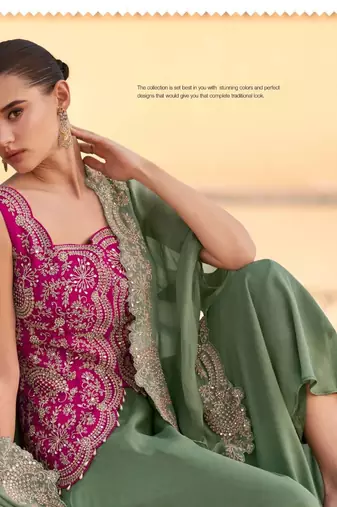 pink and green wedding silk indowestern top palazzo cape suit-Full Stitched Free size