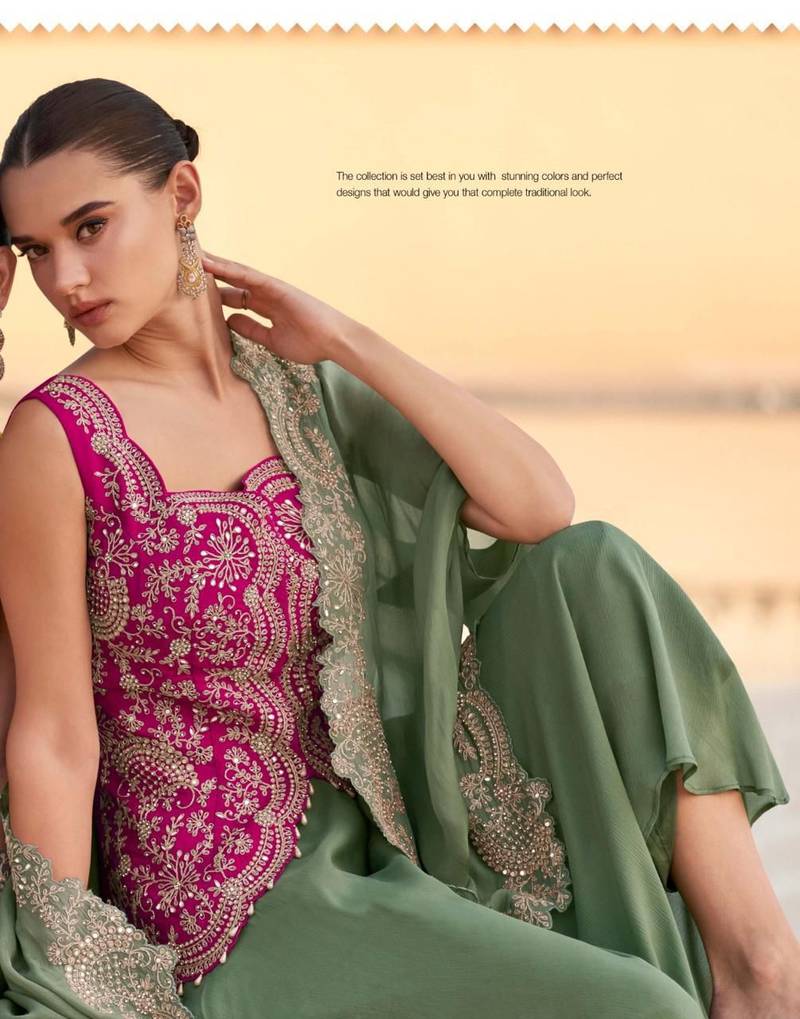 Pink and green wedding silk indowestern top, palazzo & cape suits- Full Stitched Free Size