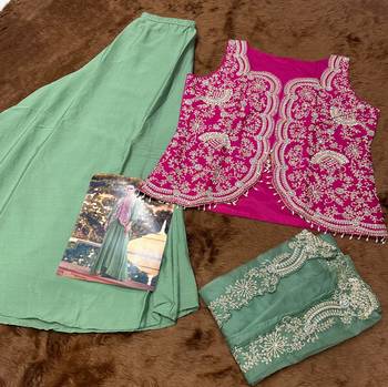 pink and green wedding silk indowestern top palazzo cape suit-Full Stitched Free size 4