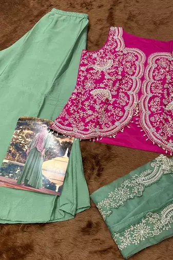 pink and green wedding silk indowestern top palazzo cape suit-Full Stitched Free size