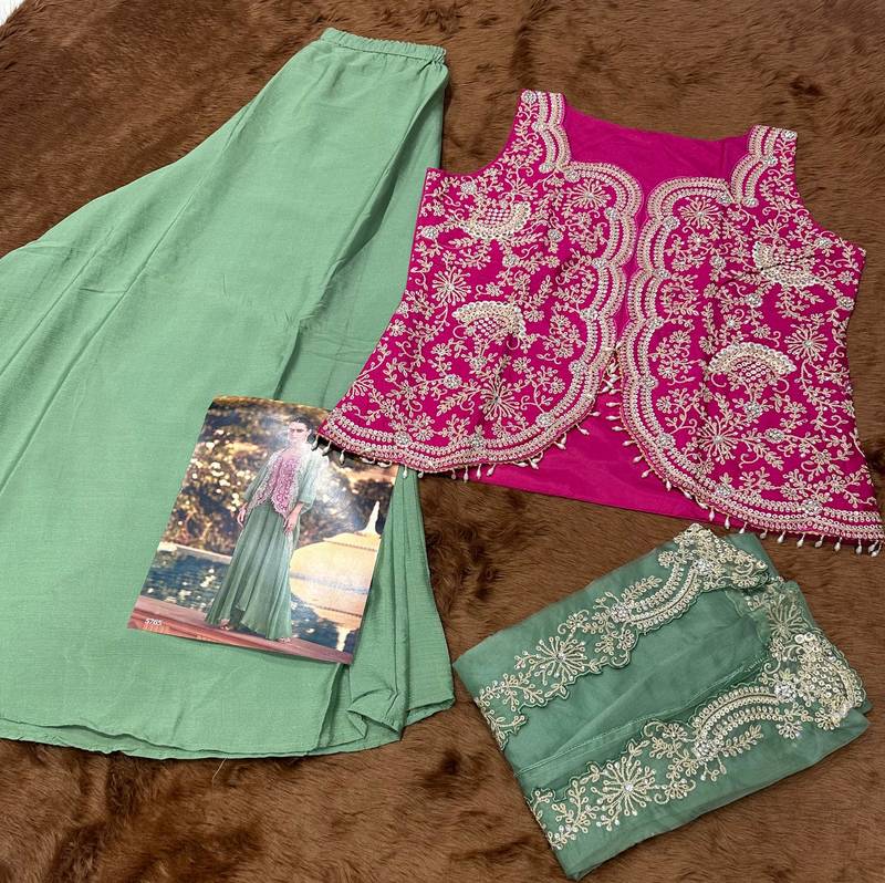 Pink and green wedding silk indowestern top, palazzo & cape suits- Full Stitched Free Size