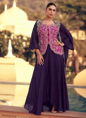 pink and blue wedding silk indowestern top palazzo cape suit-Full Stitched Free size 1