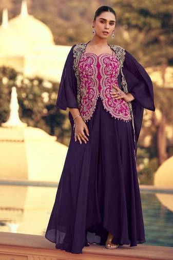 Pink and blue wedding silk indowestern top with palazzo suits- Full Stitched Free Size