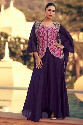 Pink and blue wedding silk indowestern top with palazzo suits- Full Stitched Free Size