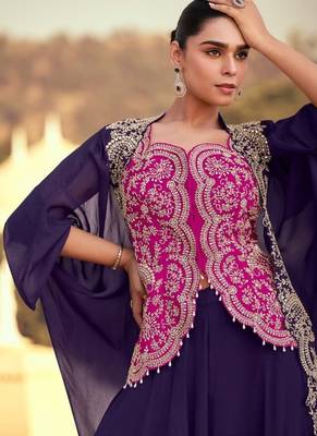 pink and blue wedding silk indowestern top palazzo cape suit-Full Stitched Free size 2