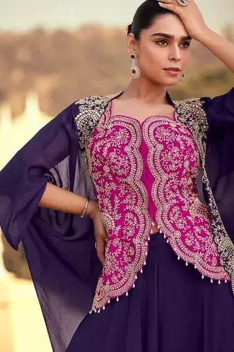 pink and blue wedding silk indowestern top palazzo cape suit-Full Stitched Free size