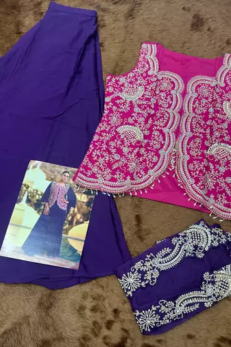 pink and blue wedding silk indowestern top palazzo cape suit-Full Stitched Free size