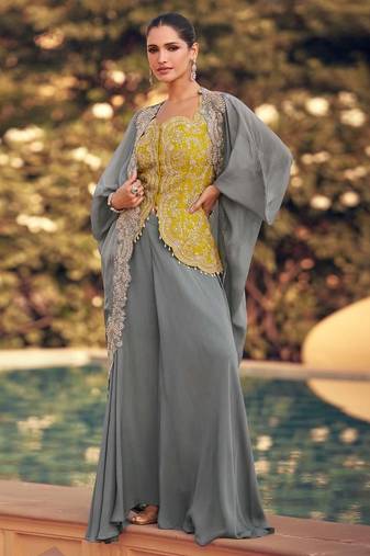 Yellow and grey wedding silk indowestern top with palazzo & cape suits- Full Stitched Free Size