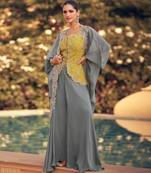 yellow and grey wedding silk indowestern top palazzo cape suit-Full Stitched Free size