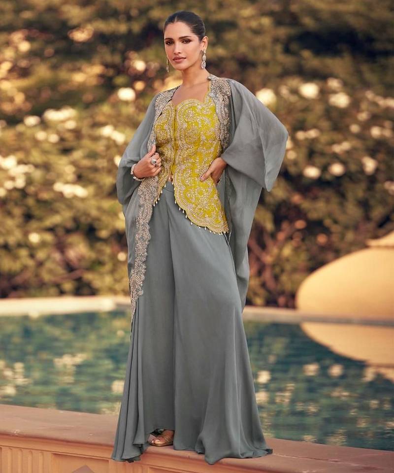 Yellow and grey wedding silk indowestern top with palazzo & cape suits- Full Stitched Free Size