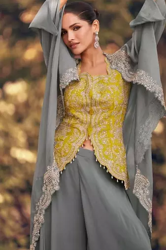 yellow and grey wedding silk indowestern top palazzo cape suit-Full Stitched Free size