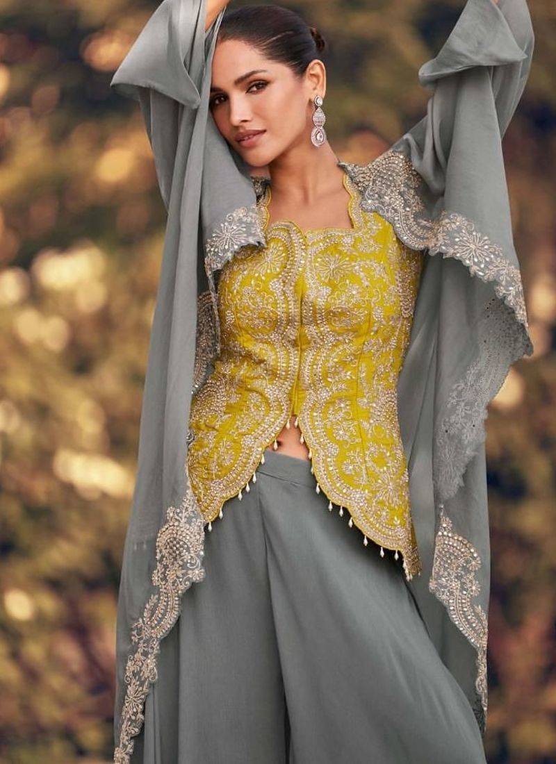 Yellow and grey wedding silk indowestern top with palazzo & cape suits- Full Stitched Free Size