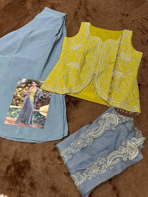 yellow and grey wedding silk indowestern top palazzo cape suit-Full Stitched Free size 3