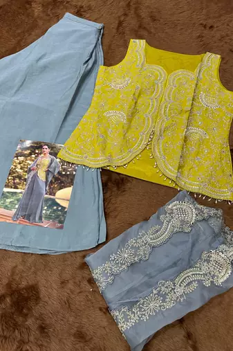 yellow and grey wedding silk indowestern top palazzo cape suit-Full Stitched Free size