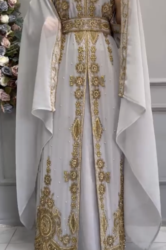 Elegant Grey Heavy Embroidered Stitched Designer Handwork Embroidered Kaftan Gown With Cape