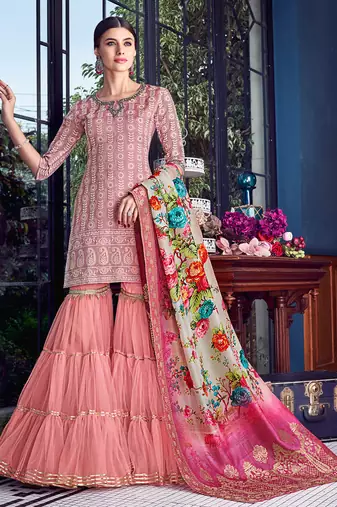 Pink Chanderi Silk Heavy Embroidered Designer Palazzo Suit