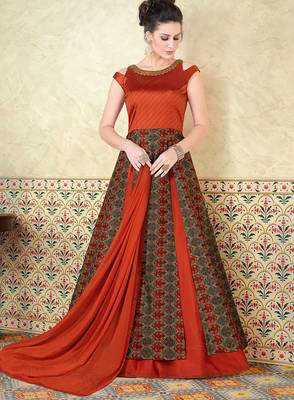 Orange Silk Heavy Embroidered and printed Designer Gown 1