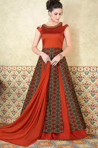 Orange Silk Heavy Embroidered and printed Designer Gown