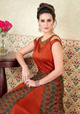 Orange Silk Heavy Embroidered and printed Designer Gown 2