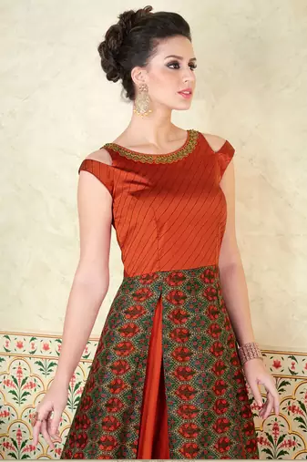 Orange Silk Heavy Embroidered and printed Designer Gown
