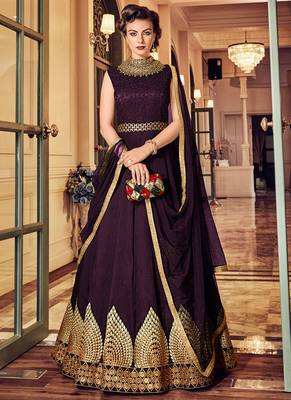 Magenta Silk Heavy Embroidered Designer Anarkali Semi Stiched Suit 1