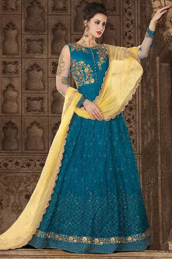 Blue Net Heavy Embroidered Designer Semi Stiched Suit