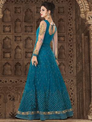 Blue Net Heavy Embroidered Designer Semi Stiched Suit 2