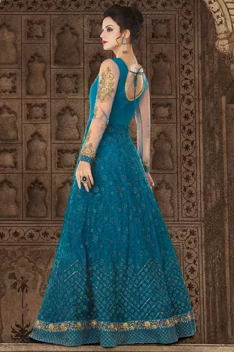 Blue Net Heavy Embroidered Designer Semi Stiched Suit