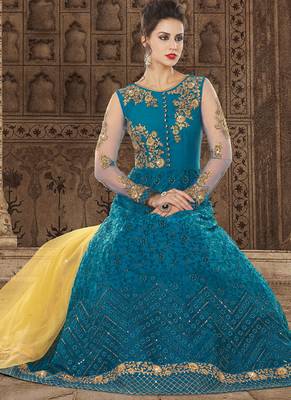 Blue Net Heavy Embroidered Designer Semi Stiched Suit 3