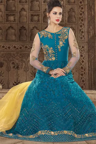 Blue Net Heavy Embroidered Designer Semi Stiched Suit