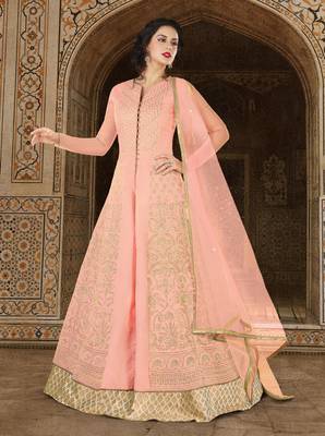 Peach Silk Heavy Embroidered Designer Semi Stiched Suits 1