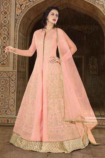 Peach Silk Heavy Embroidered Designer Semi Stiched Suits