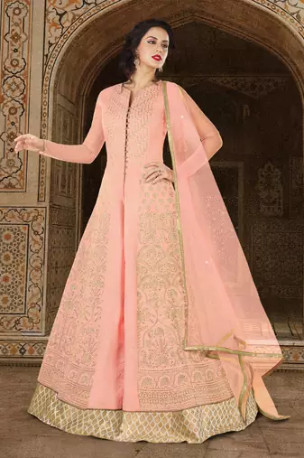 Peach Silk Heavy Embroidered Designer Semi Stiched Suits