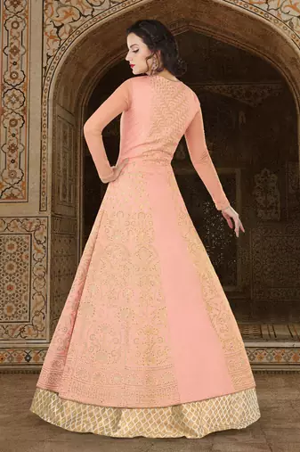 Peach Silk Heavy Embroidered Designer Semi Stiched Suits