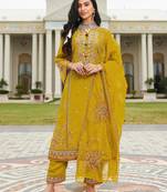 Mustard cotton semi stitched suit with embroidery viscose multi thread work