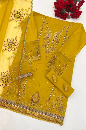 Mustard cotton suit with embroidery viscose multi thread 