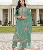 Sky blue cotton semi stitched suit with embroidery viscose multi thread work