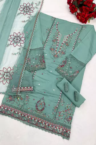 Sky blue cotton suit with embroidery viscose multi thread 