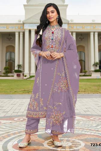 Purple cotton semi stitched suit with embroidery viscose multi thread work