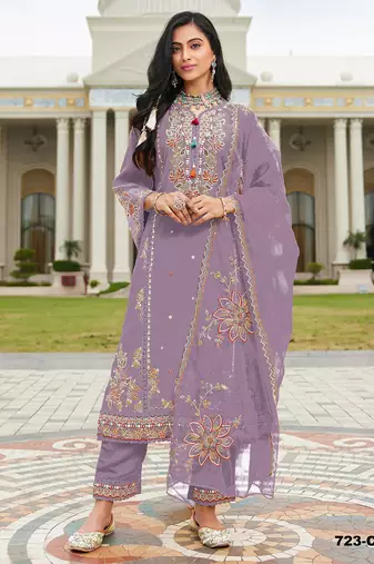Purple cotton semi stitched suit with embroidery viscose multi thread work