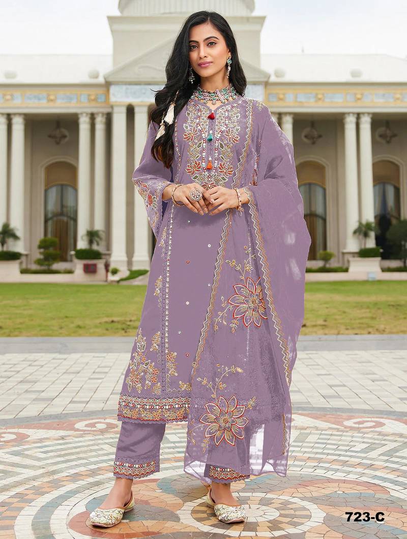 Purple cotton semi stitched suit with embroidery viscose multi thread work