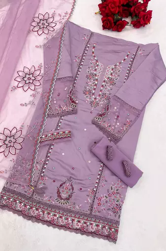 Purple cotton suit with embroidery viscose multi thread 