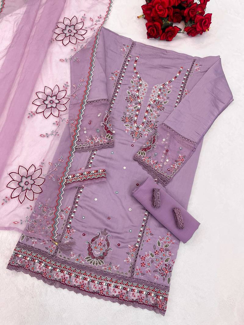 Purple cotton semi stitched suit with embroidery viscose multi thread work