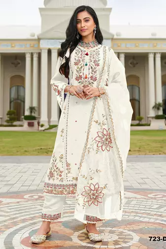 White cotton semi stitched suit with embroidery viscose multi thread work