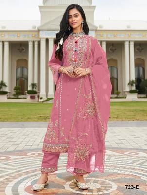 Pink cotton suit with embroidery viscose multi thread  1