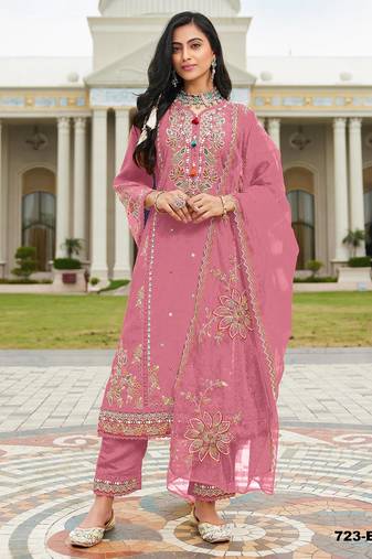 Pink cotton semi stitched suit with embroidery viscose multi thread work