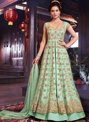 Sea green Net Heavy Embroidered Designer Semi Stiched Suit 1