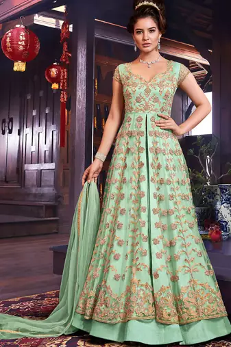 Sea green Net Heavy Embroidered Designer Semi Stiched Suit