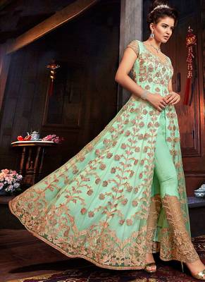 Sea green Net Heavy Embroidered Designer Semi Stiched Suit 2