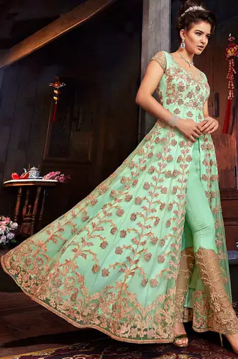 Sea green Net Heavy Embroidered Designer Semi Stiched Suit